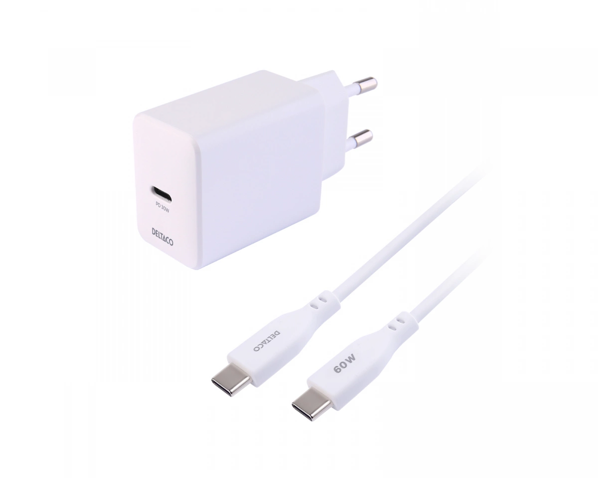 Deltaco USB-C Väggladdare 30 W - 1,5m - Vit
