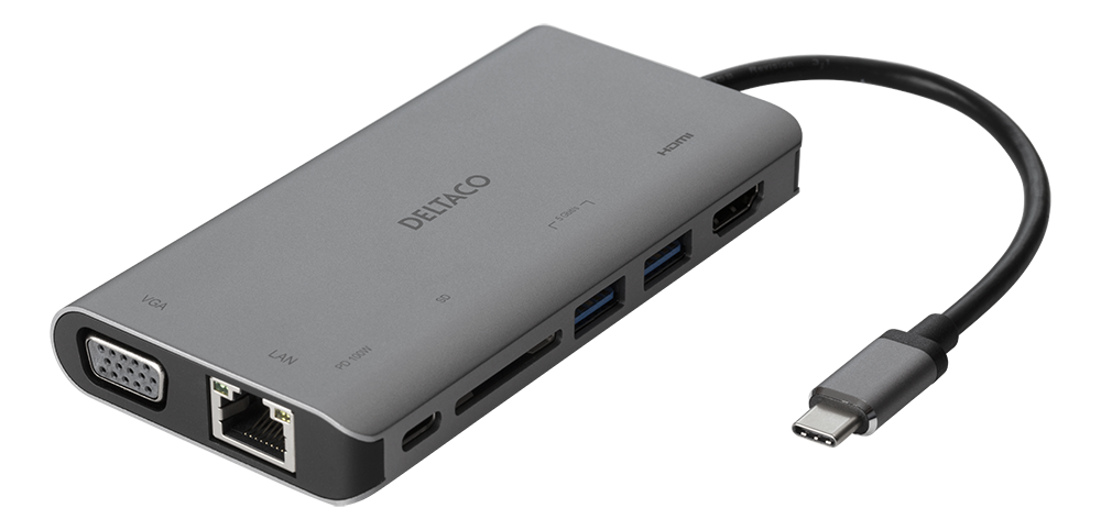 Multi-adapter Deltaco, USB-C till HDMI/VGA/2xUSB 3.0/GigaLAN/USB-C PD 3.0, kortläsare SD - Rymdgrå, bild 2