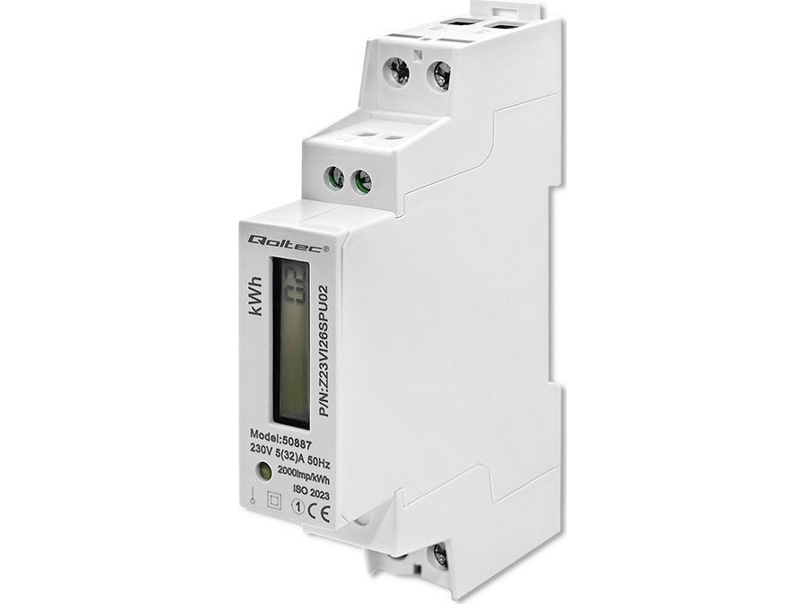 Qoltec enfas energimätare 230V, DIN-skena, LCD, 1P, smal
