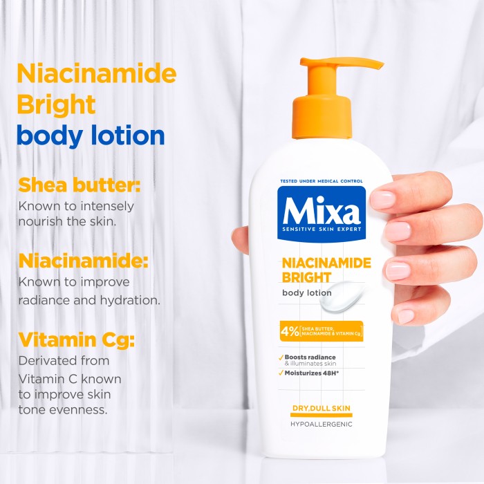 Mixa Niacinamide Bright Kroppslotion för torr & matt hud 250 ml, bild 4