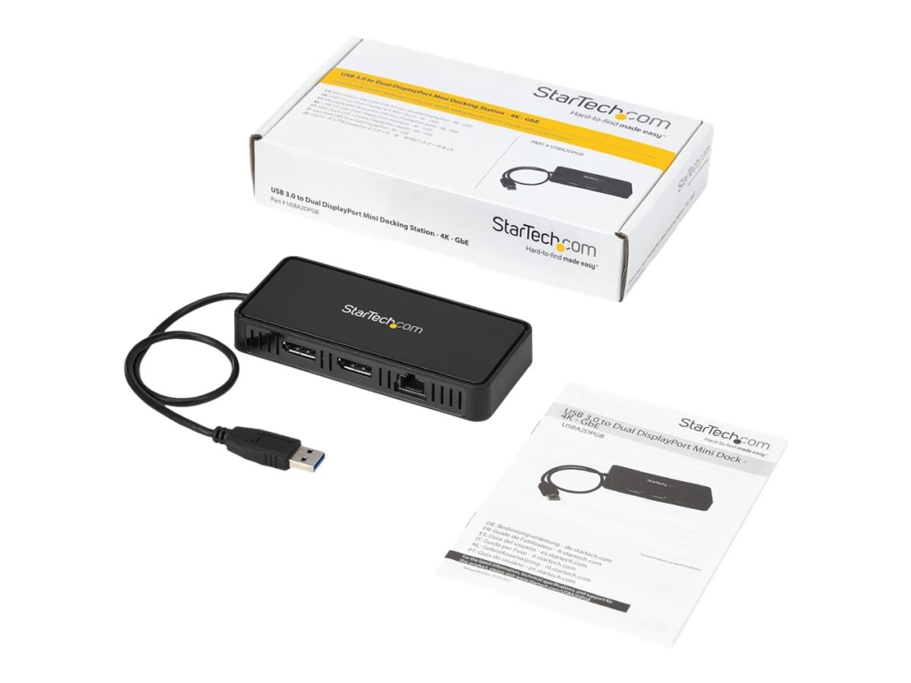 Startech USB 3.0 mini dockningsstation - Dubbla skärmar USB-A dockningsstation med DisplayPort 4K 60 Hz Video och Gigabit Ethernet - 30 cm kabel - Bärbar USB 3.1 Gen 1 Type-A adapter för bärbar dator - Dockningsstation - USB - 2 x DP - 1GbE