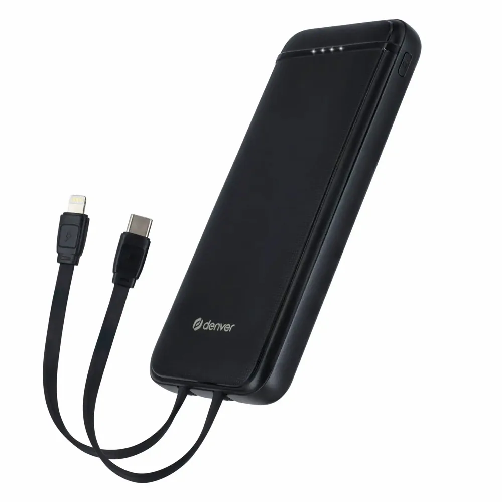Denver Powerbank 10000mAh med inbyggd USB-C och Lightingkabel