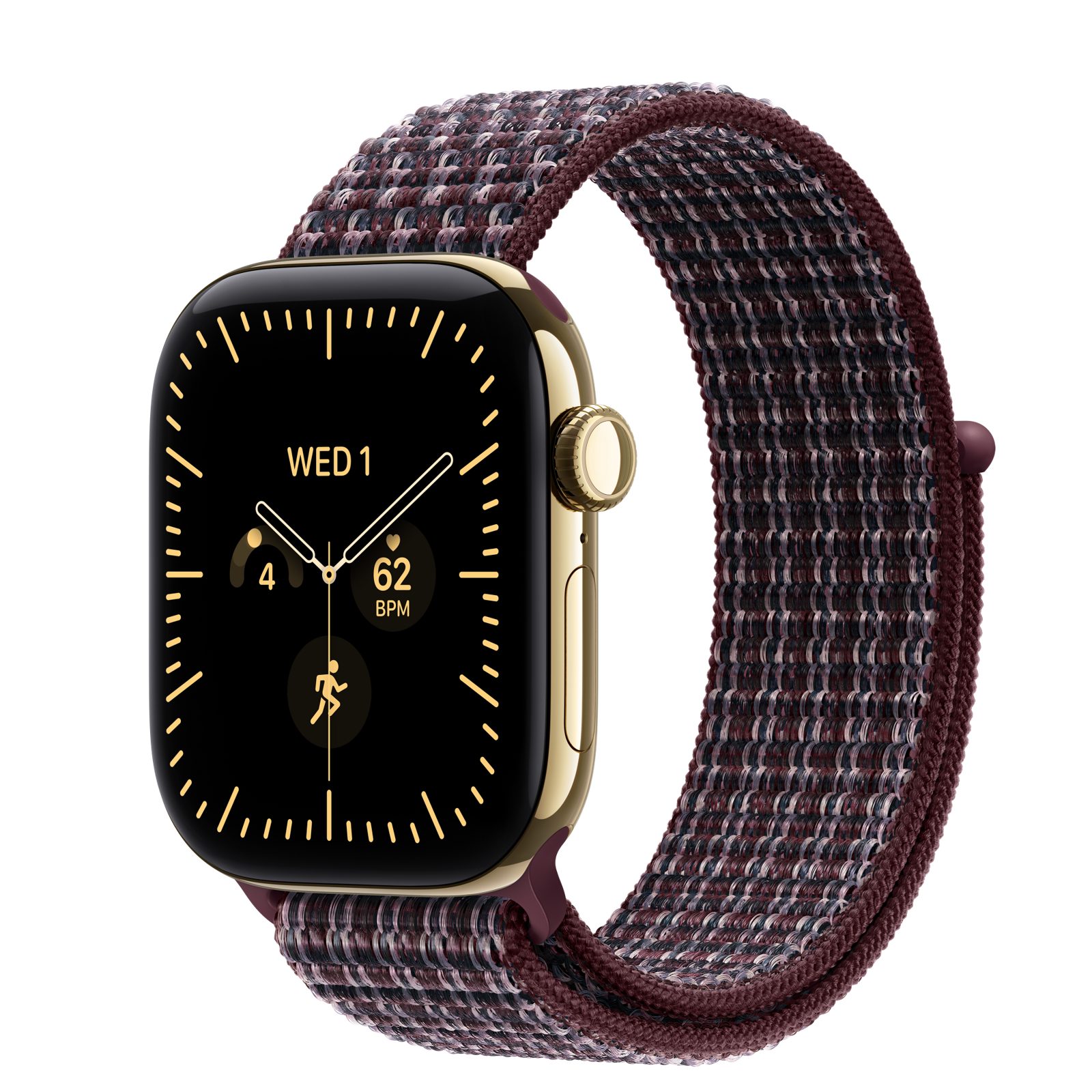 Apple Watch Series 12 (GPS + Cellular) • Titanboett skinande guld, 42 mm • Sportloop skotskrutig bourgogne