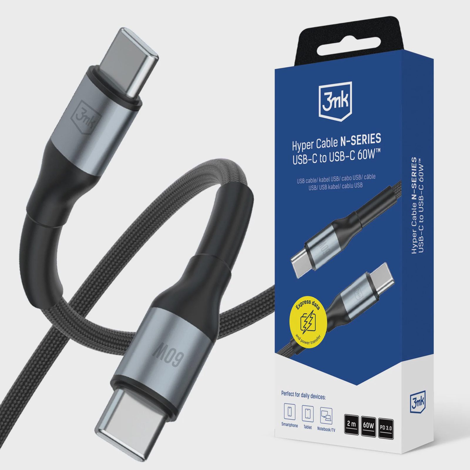 3mk Hyper Cable 3mk Hyper Cable N-SERIES USB-C / USB-C 2m 20V/3A 60W / svart
