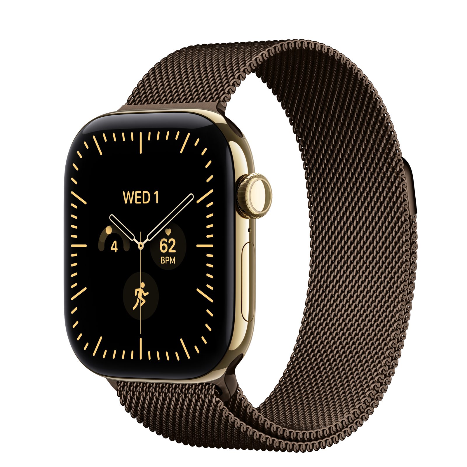 Apple Watch Series 12 (GPS + Cellular) • Titanboett skinande guld, 42 mm • Milanesisk loop mörk brons