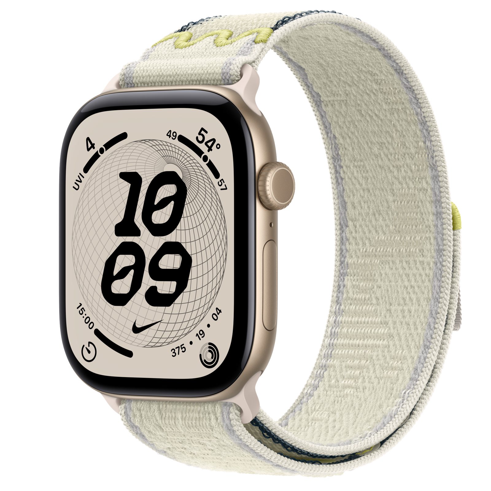 Apple Watch Series 12 (GPS + Cellular) • Aluminiumboett ljust guld, 46 mm • Nike-sportloop i Chalk Calm