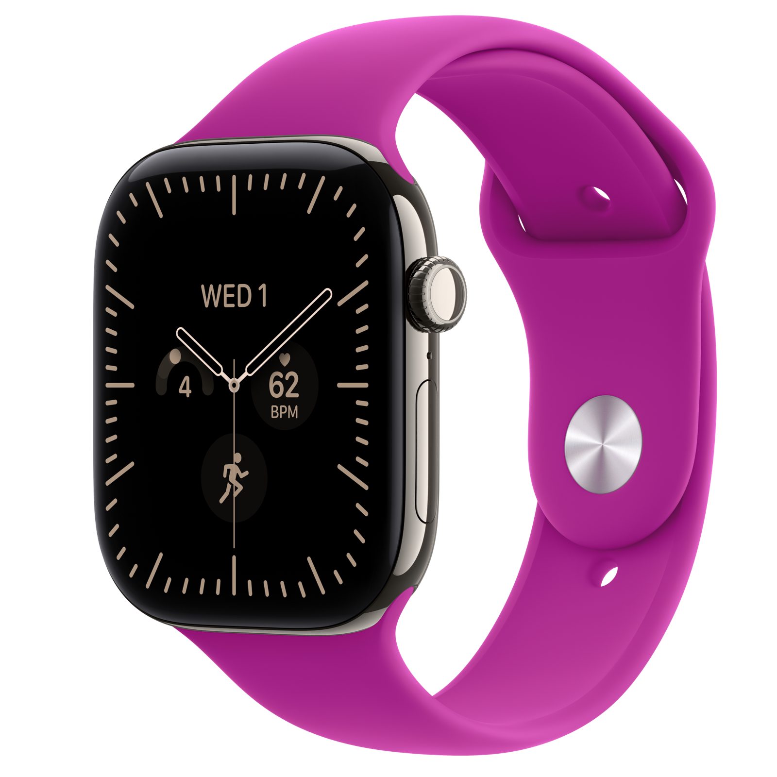 Apple Watch Series 12 (GPS + Cellular) • Titanboett naturlig, 46 mm • Sportband magenta