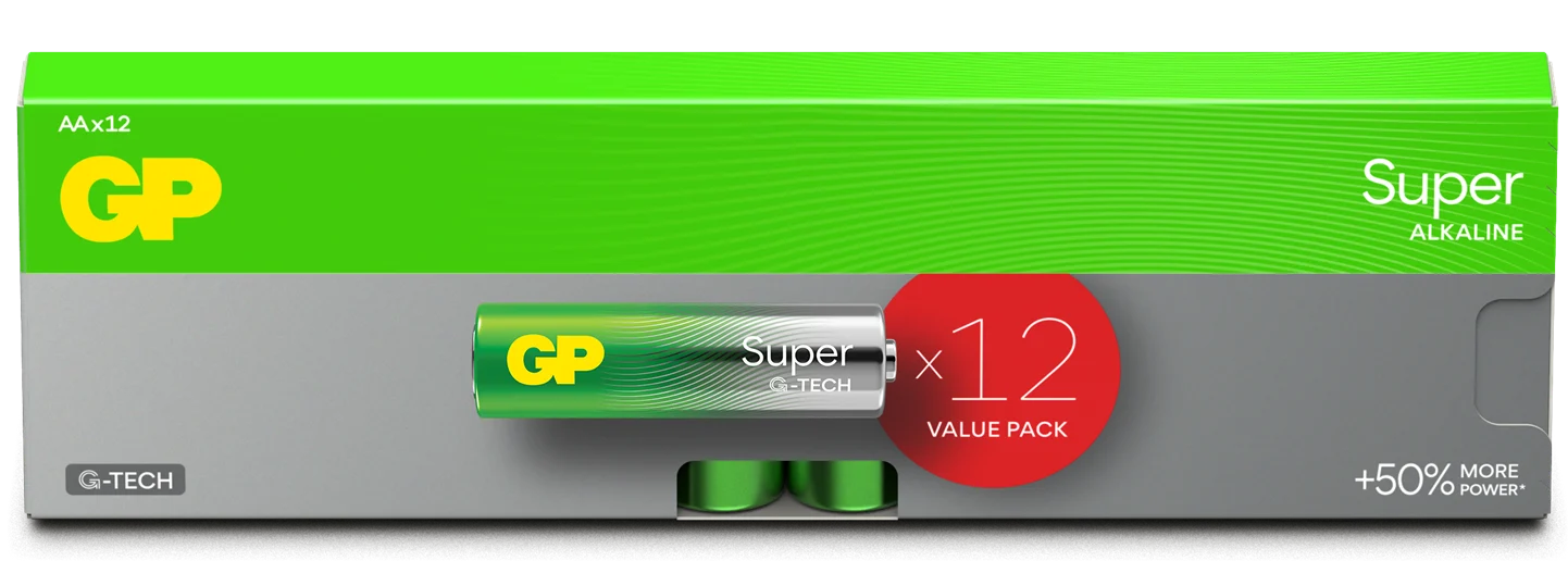 GP Super Alkaline Battery, Size AA, 15A/LR6, 1.5V, 12-pack