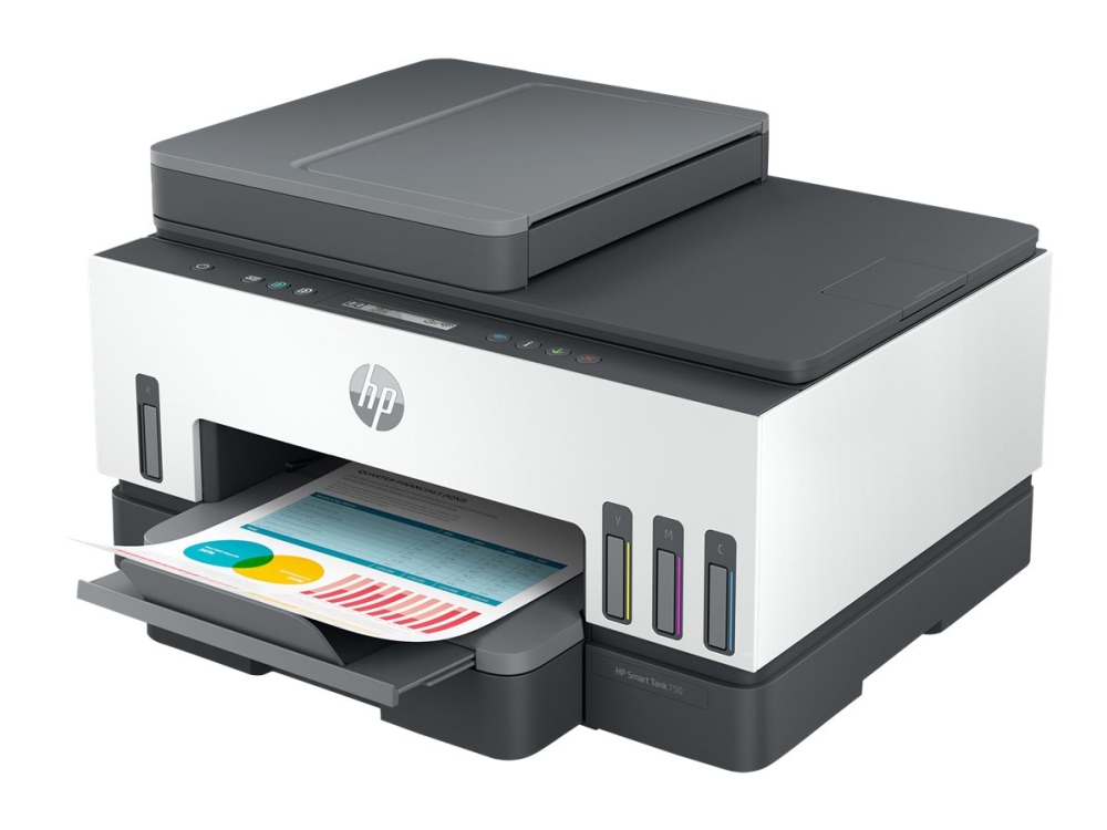 HP Smart Tank 750 All-in-One - Multifunktionsskrivare - färg - bläckstråle - påfyllbar - Letter A (216 x 279 mm)/A4 (210 x 297 mm) (original) - A4/Legal (media) - upp till 13 sidor/minut (kopiering) - upp till 15 sidor/minut (utskrift) - 250 ark - USB 2.0, LAN, Wi-Fi(n), Bluetooth