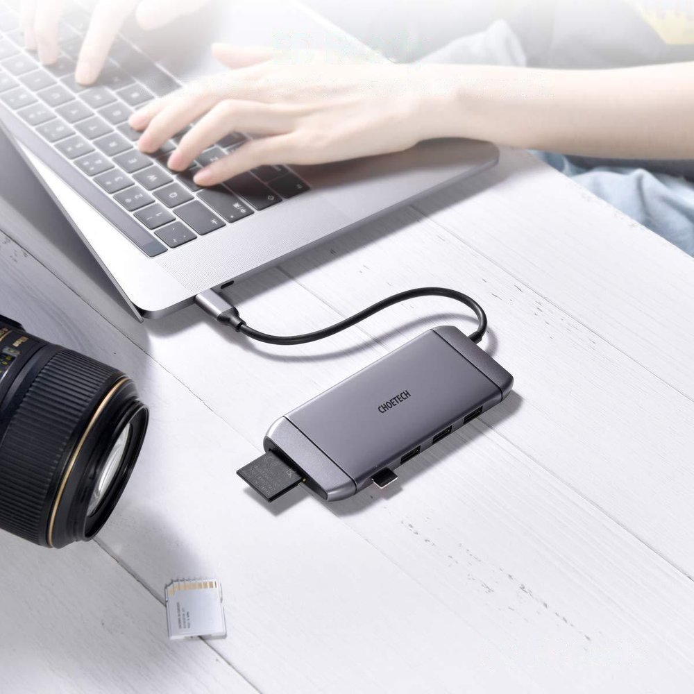 Choetech 9in1 USB Type C HUB - 3x USB 3.2 Gen 1, SD/TF-kortläsare, HDMI 4K, VGA 60Hz, RJ45, grå, bild 2
