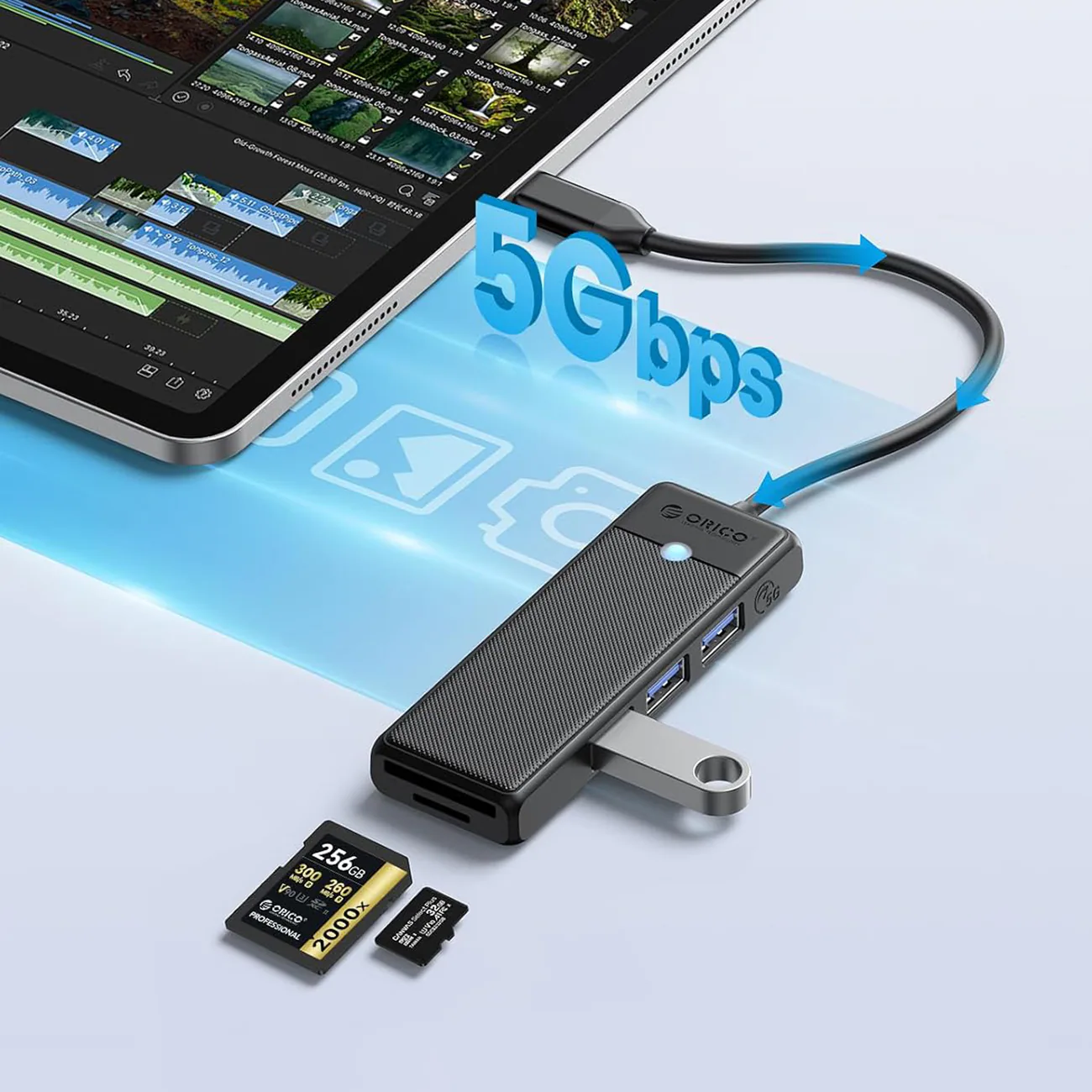 Orico PAPW3AT-C3 USB-hubb med 4 portar (3x USB-A 3.0) och microSD-/SD-kortläsare, 1 m – svart, bild 4