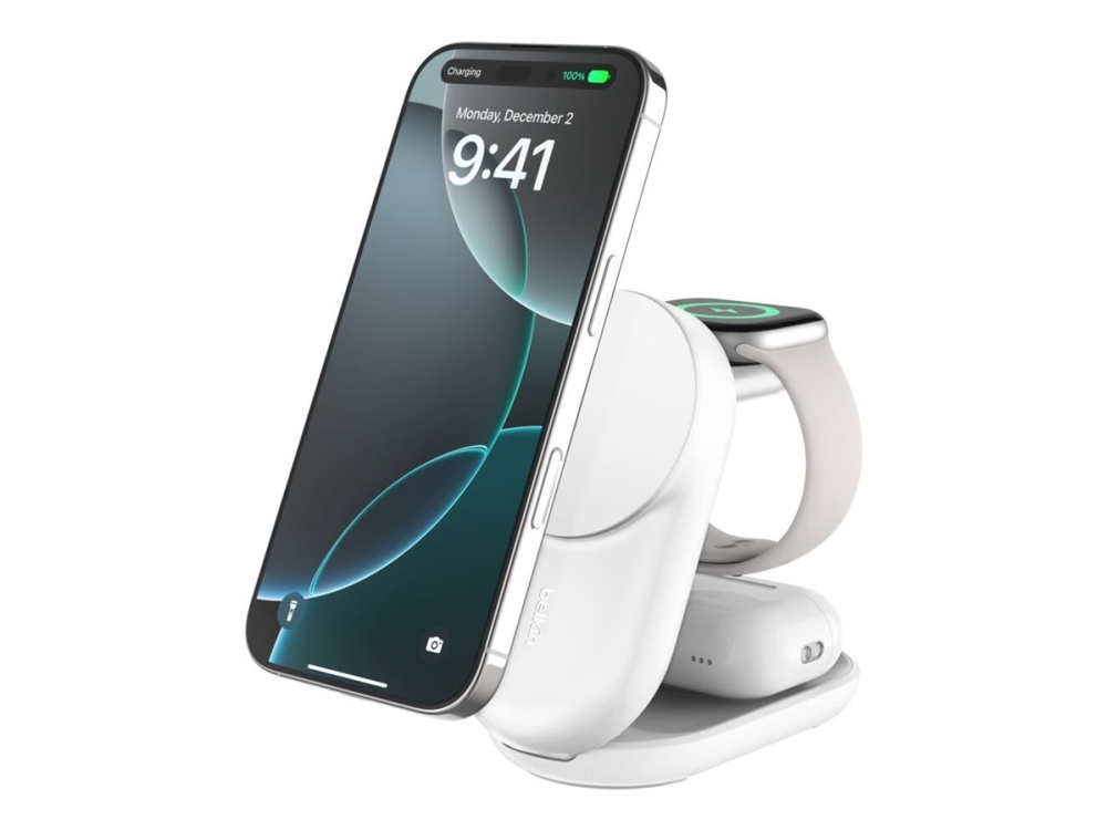 Belkin UltraCharge 3-i-1 hopfällbar magnetisk laddare 25 W Qi2, vit