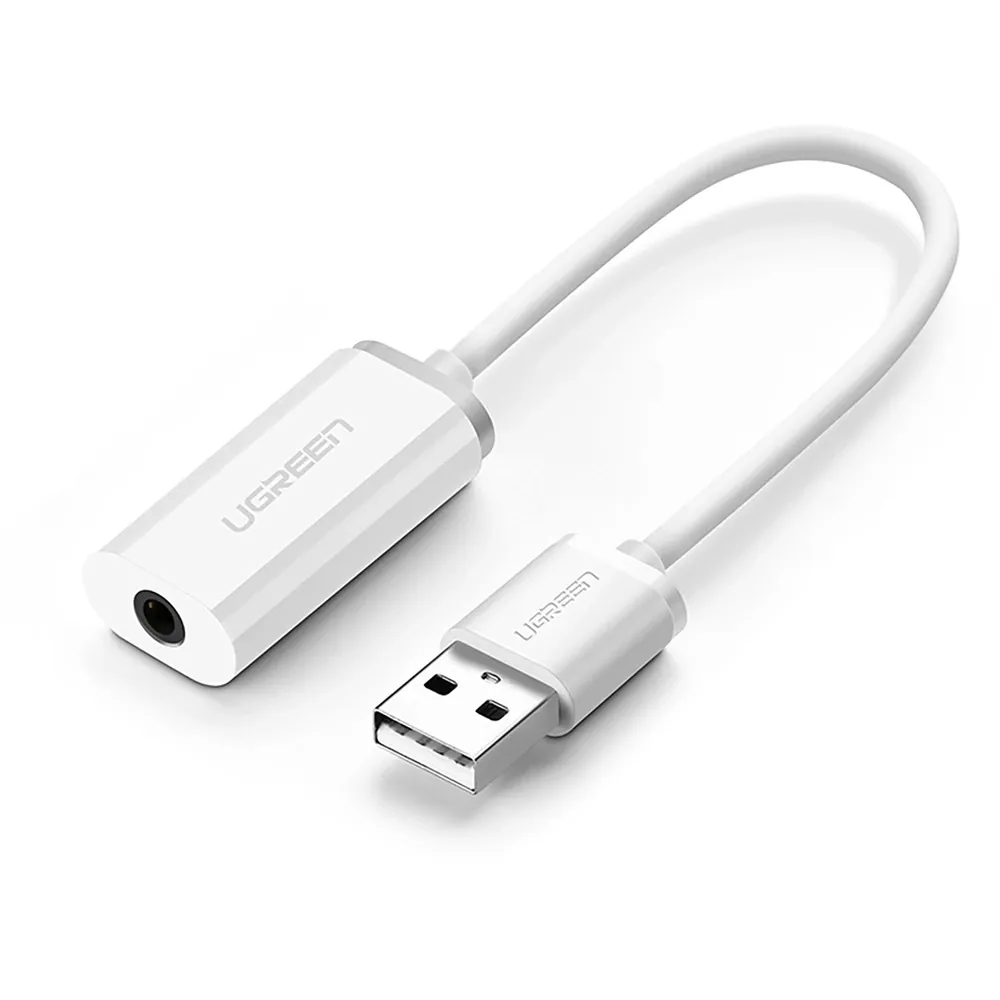 Ugreen US206 Ljudadapter USB till 3,5mm - Vit / Externt USB-ljudkort / Hörlursadapter