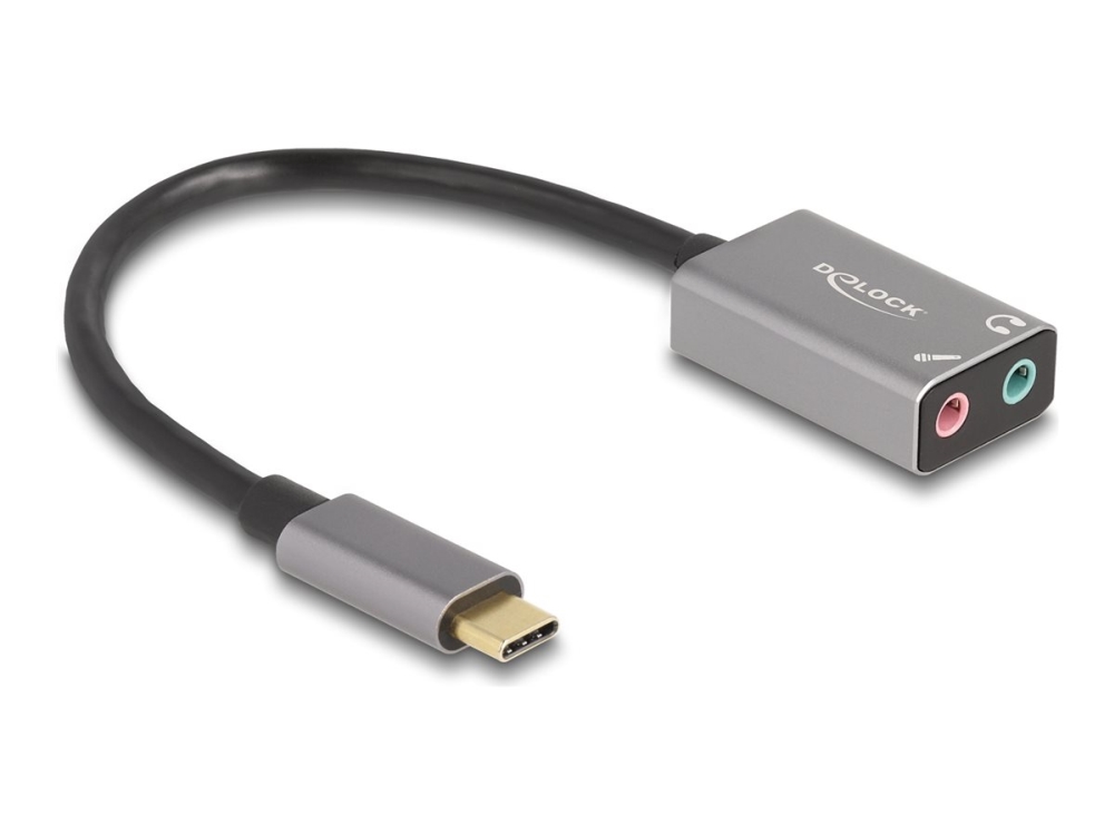 Delock externt USB-ljudkort med Type-C-kontakt till 2 x 3,5 mm jack plug & play-ljudadapter
