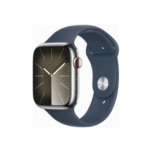 Apple Watch Series 9 GPS + Cellular 45 mm silver rostfritt stålboett med Stormblå sportband - S/M