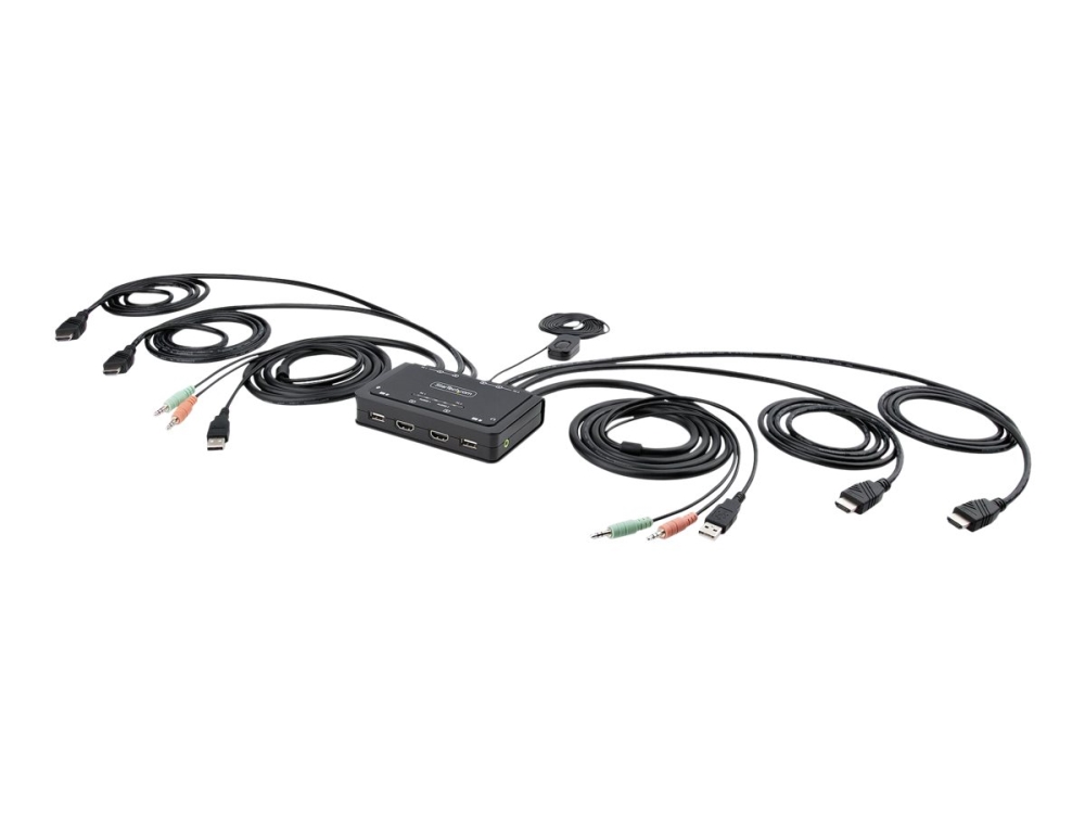 StarTech.com 2-Port Dual-Monitor HDMI Cable KVM Switch, 4K 60Hz, Compact KVM with 5ft/1.5m USB-A/HDMI/Audio Integrated Cables, Bus Powered - Remote Push Button/Hotkey Switching (C2-DH46-UA2-CBL-KVM) - Omkopplare för tangentbord/video/mus/ljud/USB - kompakt - 2 x KVM/ljud/USB - 1 lokal användare - skrivbordsmodell